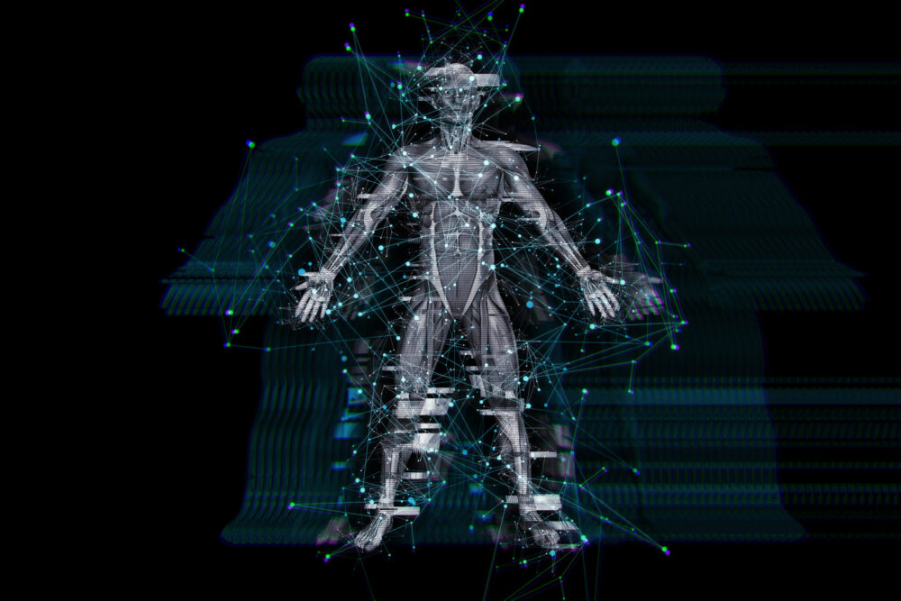 Free photo 3d digital technology background with glitch effect on male medical figure